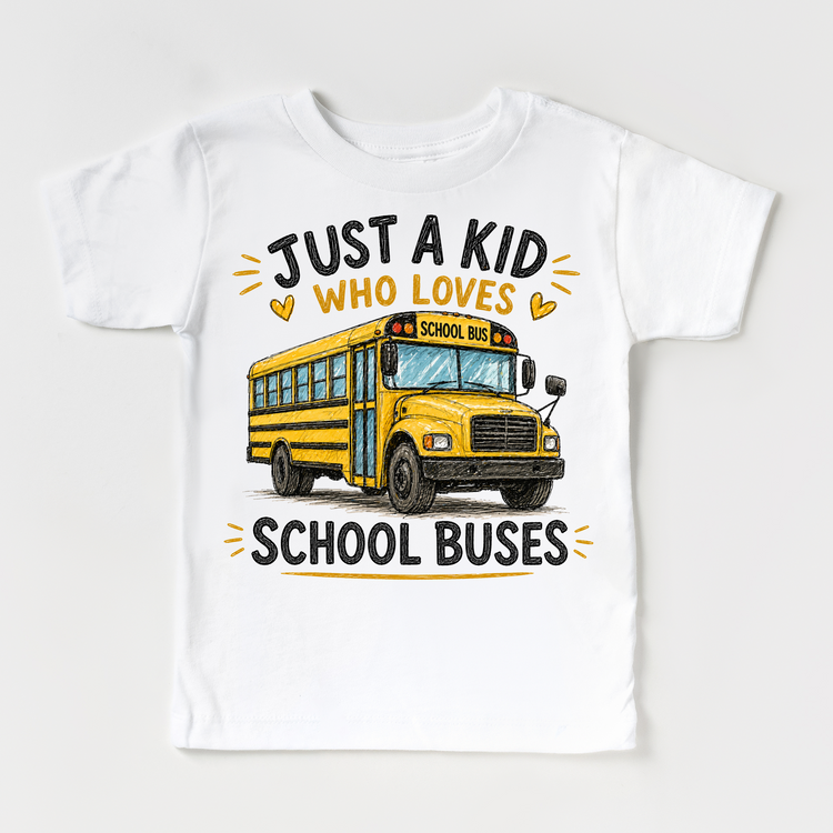 Just a Kid Who Loves School Buses Kids Graphic T-Shirt | Yellow Bus Tee for Boys & Girls