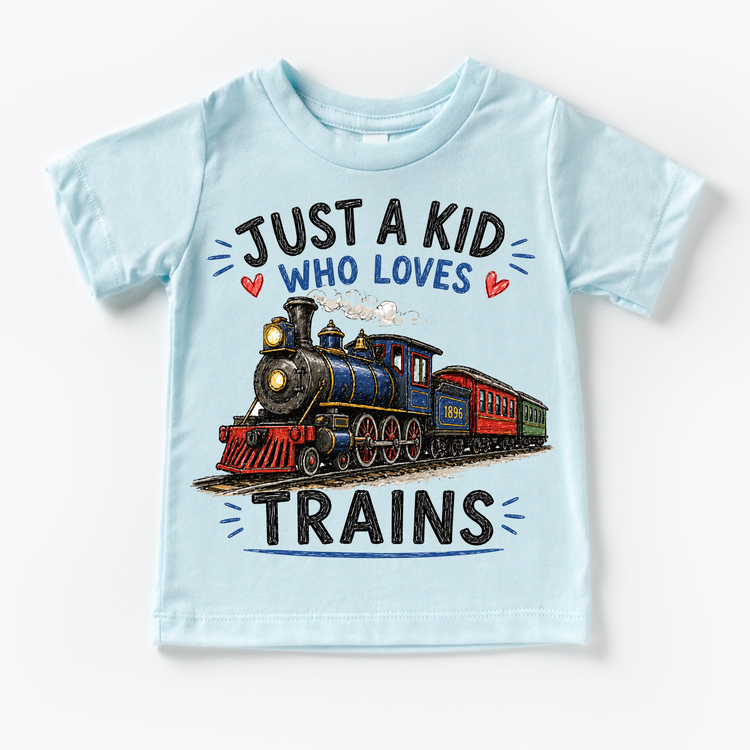 Just a Kid Who Loves Trains Kids Graphic T-Shirt | Vintage Steam Train Tee for Boys & Girls