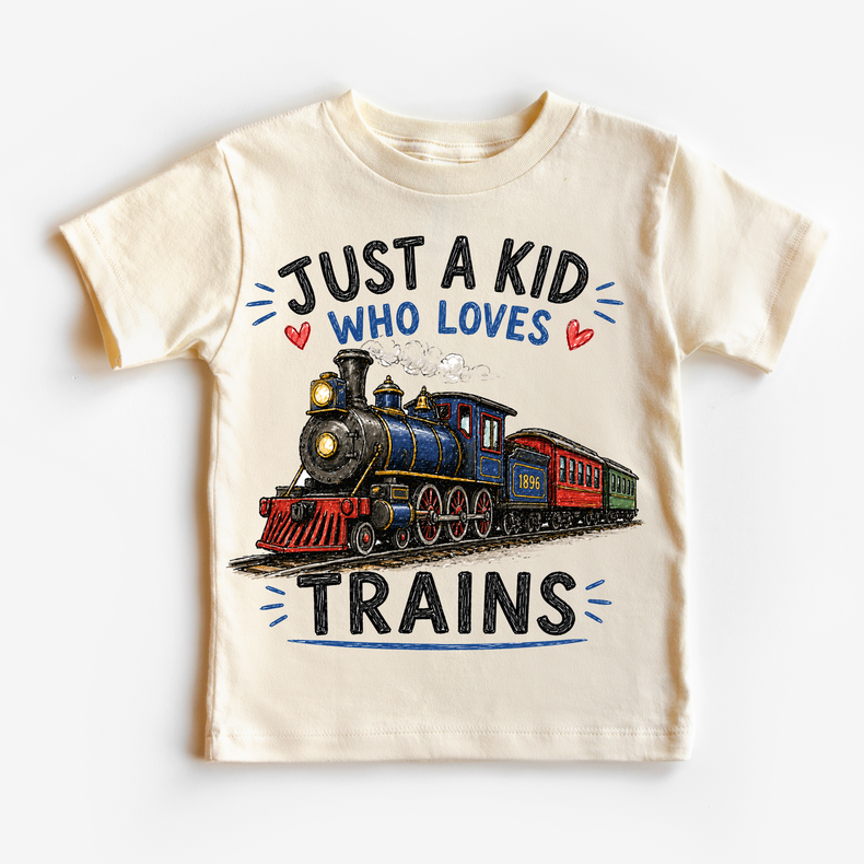 Just a Kid Who Loves Trains Kids | Vintage Steam Train for Boys & Girls graphic T-shirt by Madi Moosh