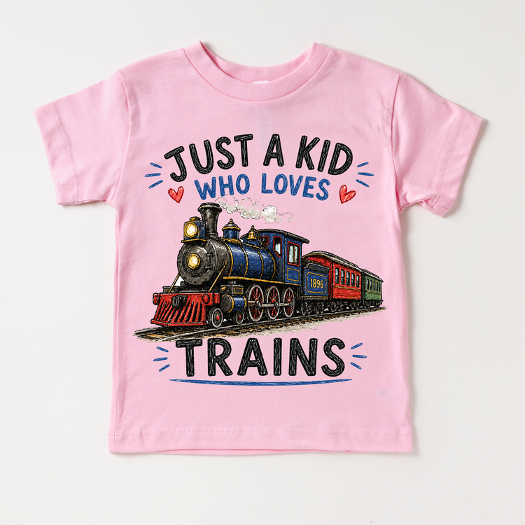 Just a Kid Who Loves Trains Kids Graphic T-Shirt | Vintage Steam Train Tee for Boys & Girls