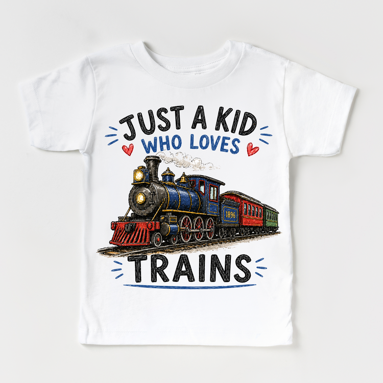 Just a Kid Who Loves Trains Kids Graphic T-Shirt | Vintage Steam Train Tee for Boys & Girls