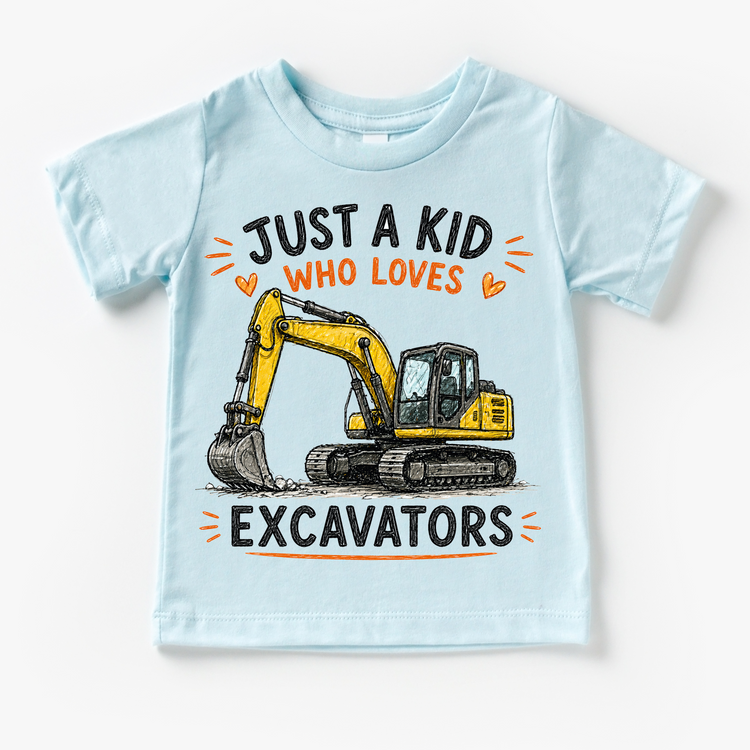Just a Kid Who Loves Excavators Kids Graphic T-Shirt | Construction Excavator Tee for Boys & Girls