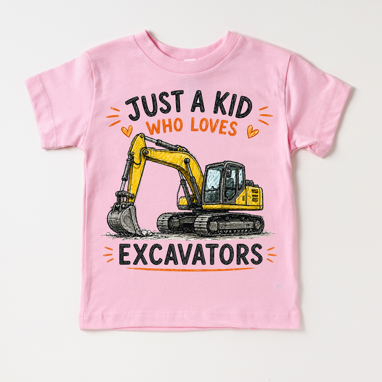 Just a Kid Who Loves Excavators Kids Graphic T-Shirt | Construction Excavator Tee for Boys & Girls