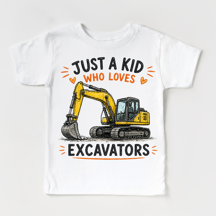 Just a Kid Who Loves Excavators Kids Graphic T-Shirt | Construction Excavator Tee for Boys & Girls
