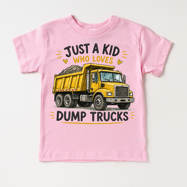 Just a Kid Who Loves Dump Trucks Kids Graphic T-Shirt | Construction Dump Truck Tee for Boys & Girls