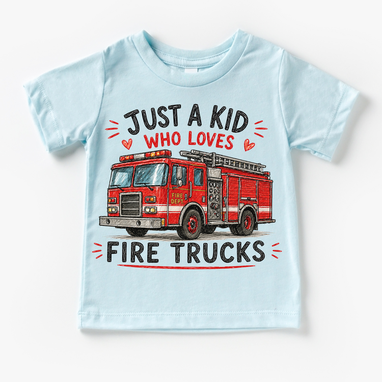Just a Kid Who Loves Fire Trucks Kids Graphic T-Shirt | Red Fire Engine Tee for Boys & Girls
