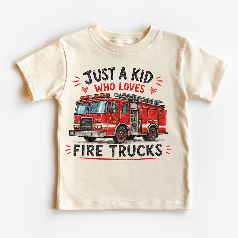 Just a Kid Who Loves Fire Trucks Kids | Red Fire Engine for Boys & Girls graphic T-shirt by Madi Moosh