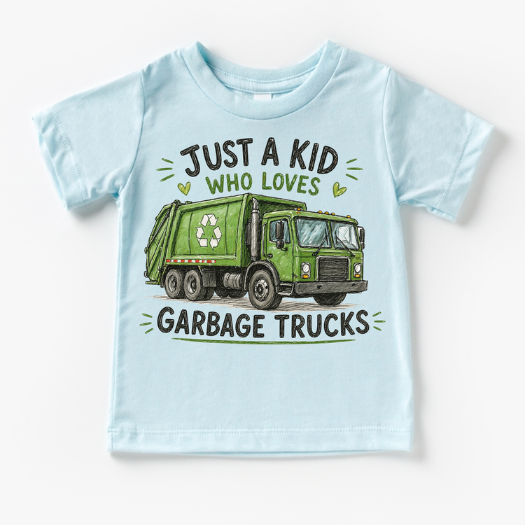 Just a Kid Who Loves Garbage Trucks Kids Graphic T-Shirt | Recycling Truck Tee for Boys & Girls