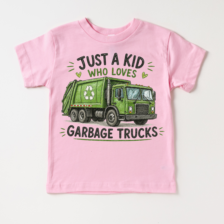 Just a Kid Who Loves Garbage Trucks Kids Graphic T-Shirt | Recycling Truck Tee for Boys & Girls