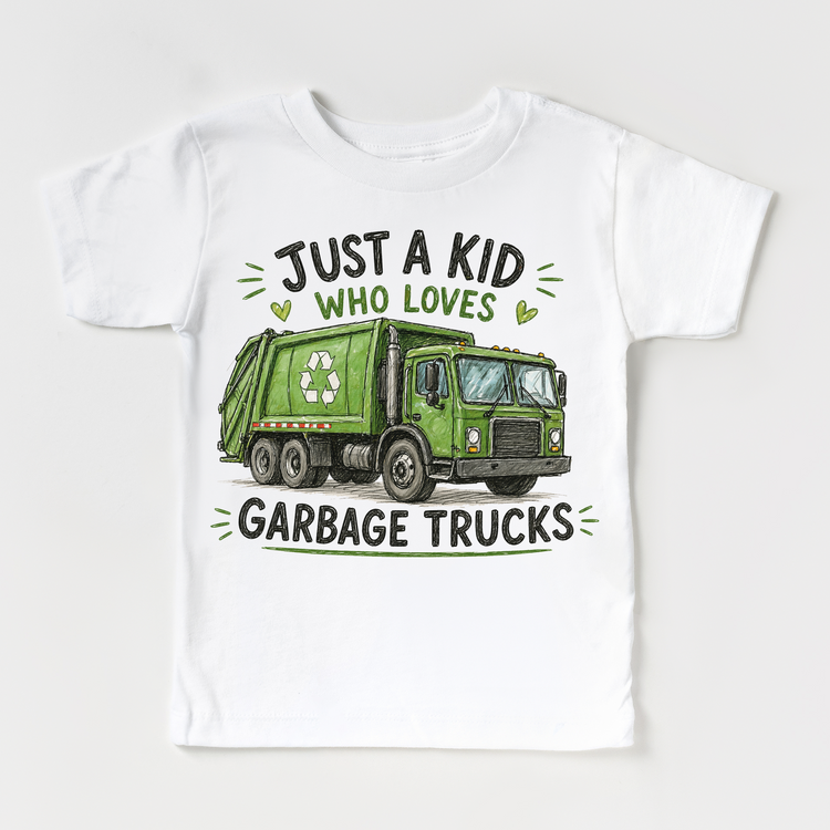 Just a Kid Who Loves Garbage Trucks Kids Graphic T-Shirt | Recycling Truck Tee for Boys & Girls