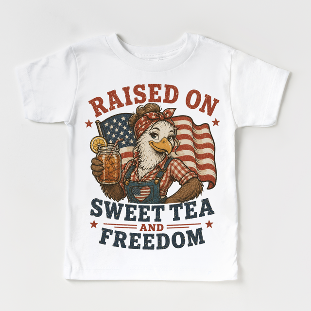 Girls Raised on Sweet Tea and Freedom Kids Shirt | Patriotic Duck Tee | 4th of July Kids Shirt