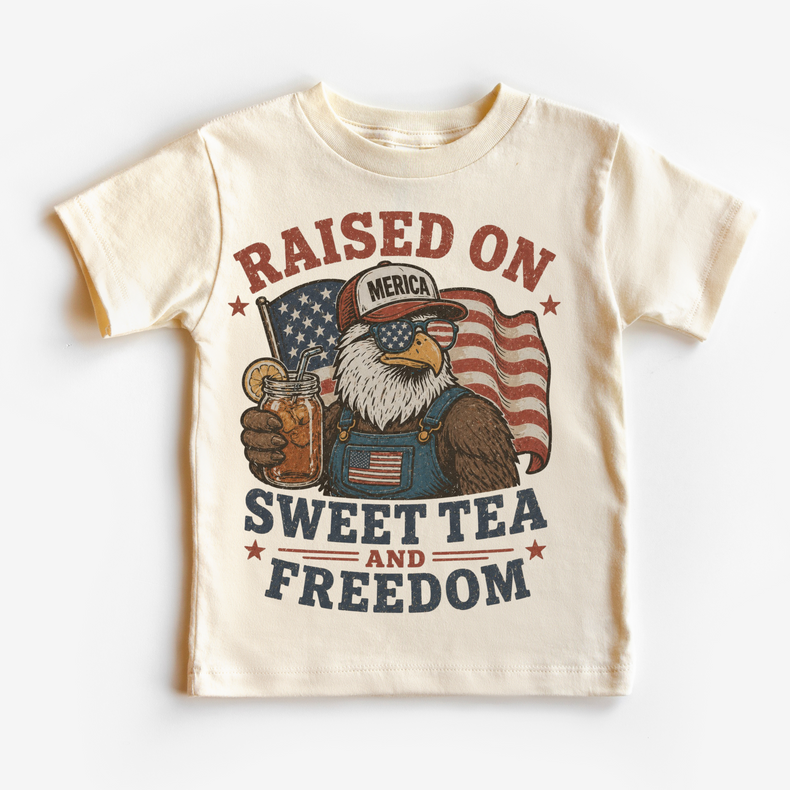 Raised on Sweet Tea and Freedom Kids Shirt | Patriotic Eagle Tee | 4th of July Kids Shirt