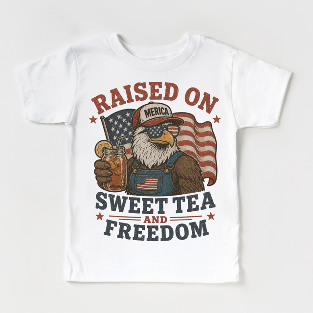 Raised on Sweet Tea and Freedom Kids Shirt | Patriotic Eagle Tee | 4th of July Kids Shirt