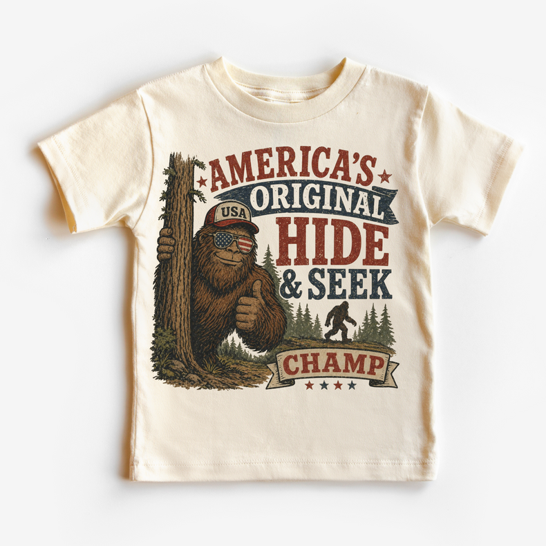 America’s Original Hide and Seek Champ Shirt | Funny Bigfoot Kids Tee | Patriotic Kids Shirt