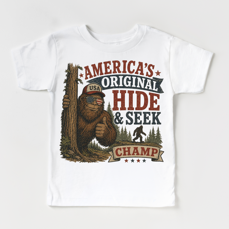 America’s Original Hide and Seek Champ Shirt | Funny Bigfoot Kids Tee | Patriotic Kids Shirt