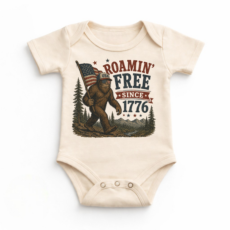 Sasquatch Roamin Free Since 1776 Kids Shirt | Funny Bigfoot Patriotic Tee | 4th of July Kids Shirt