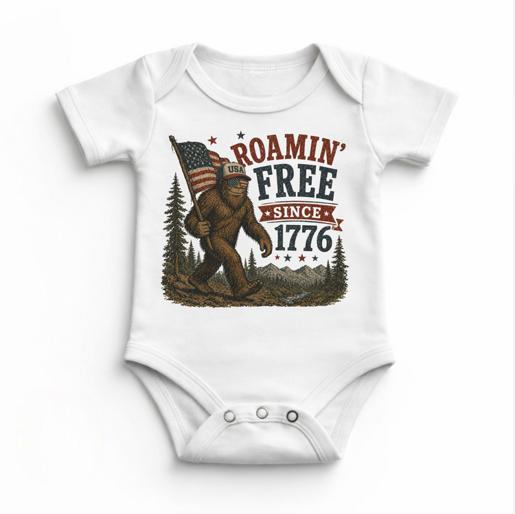 Sasquatch Roamin Free Since 1776 Kids Shirt | Funny Bigfoot Patriotic Tee | 4th of July Kids Shirt
