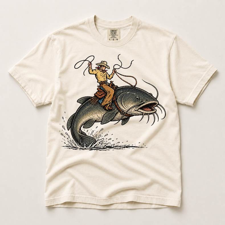 Cowboy Riding A Catfish Comfort Colors Graphic Tee, Western Fising Rodeo Shirt