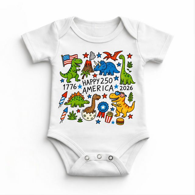 Happy 250 America Dinosaur Kids T-Shirt – Patriotic Dino Shirt – 4th of July 2026 Tee for Toddlers & Kids