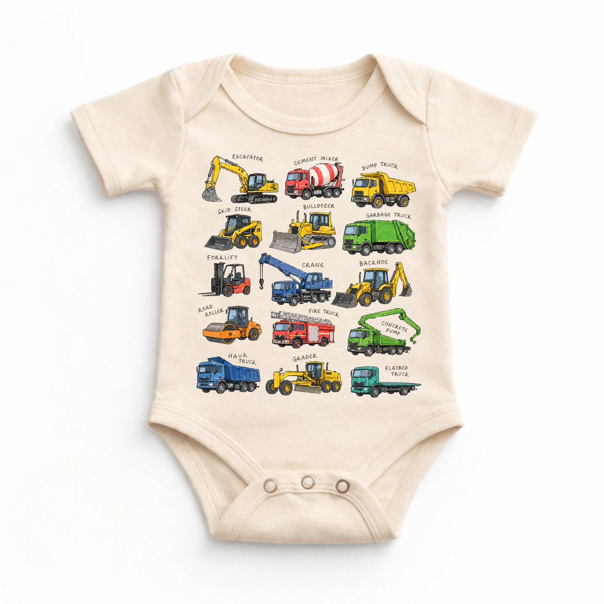 Natural baby bodysuit with a colorful chart of construction and work vehicles.
