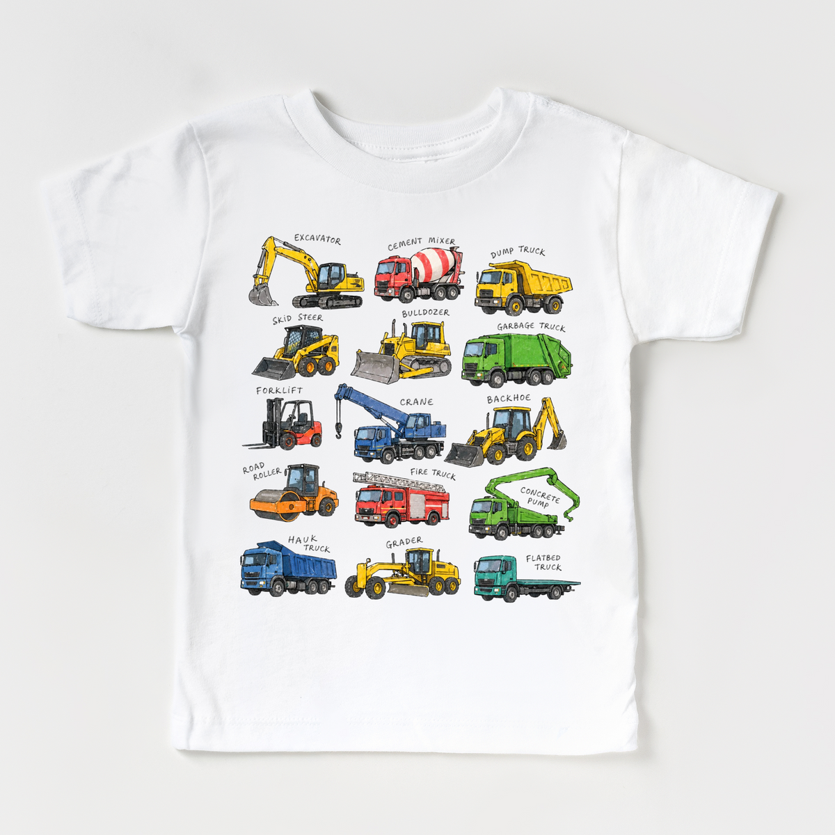 White kids T-shirt with a colorful chart of construction and work vehicles.