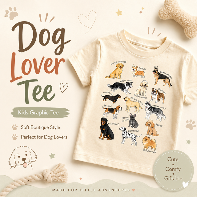 Dog Breeds Shirt | Kids Dog Lover T-Shirt | Puppy Breed Chart Tee | Animal Lover Shirt