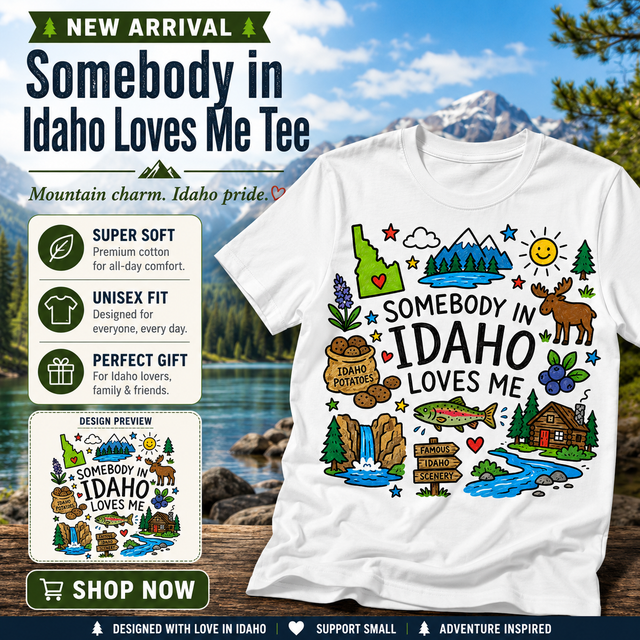 Idaho Kids Graphic T-Shirt, Somebody in Idaho Loves Me Tee, Mountain State Toddler Shirt, Outdoors Doodle Design