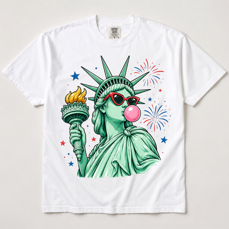 Statue Of Liberty Blowing A Bubble Graphic Tee | Patriotic America Shirt | 4th Of July