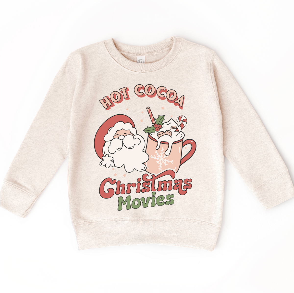 Hot Cocoa And Christmas Movies design on a natural sweatshirt.