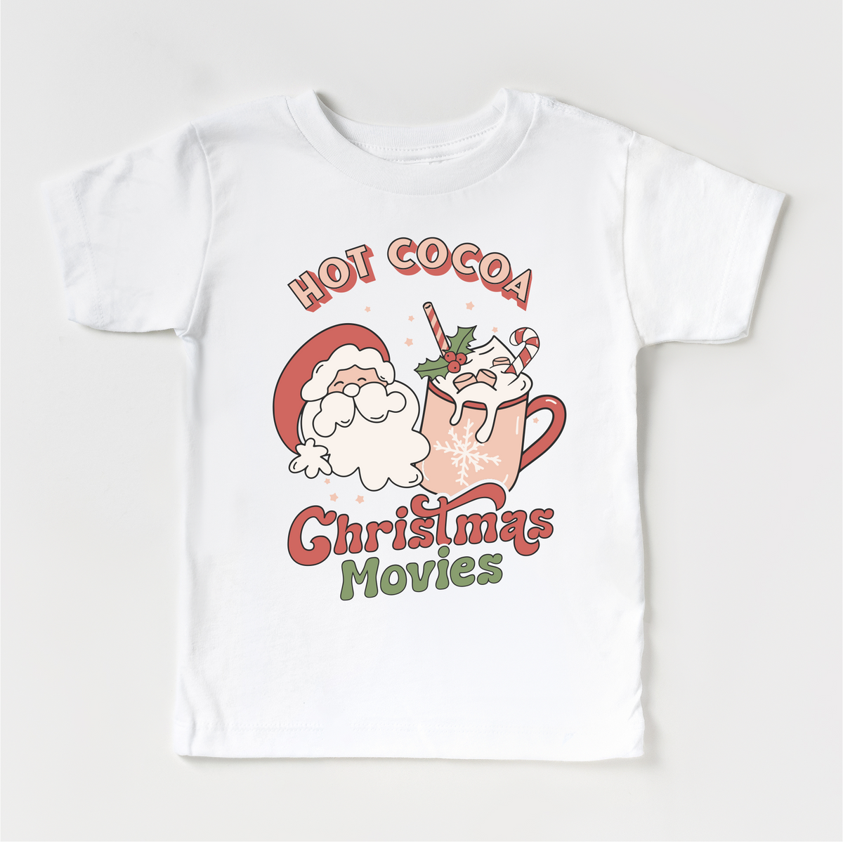 Hot Cocoa And Christmas Movies T-Shirt- Kids Christmas design on a white garment.