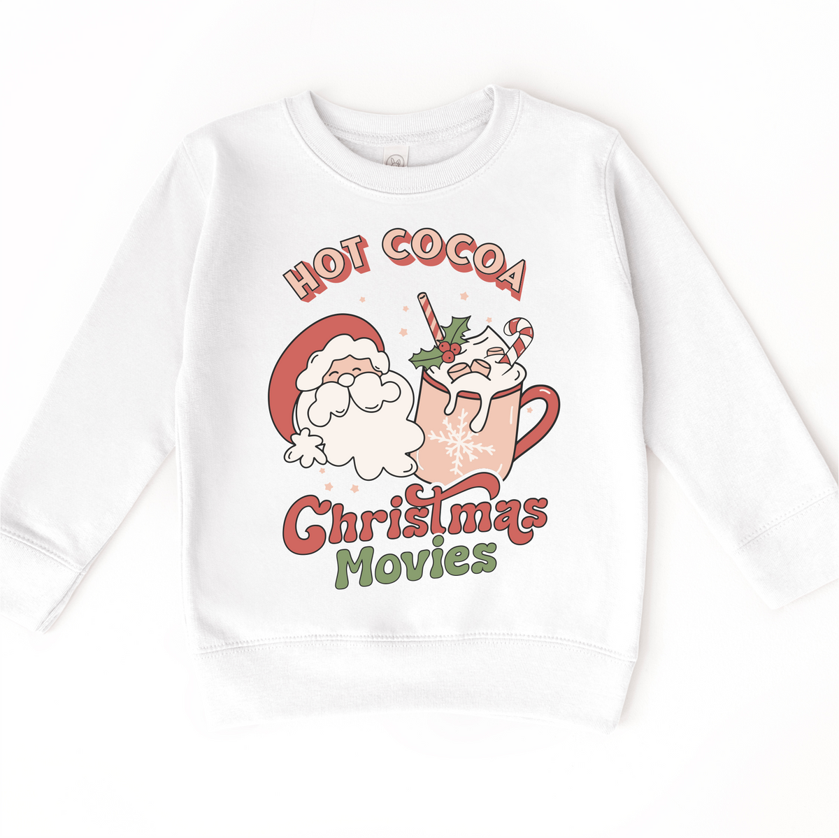 Hot Cocoa And Christmas Movies design on a white sweatshirt.