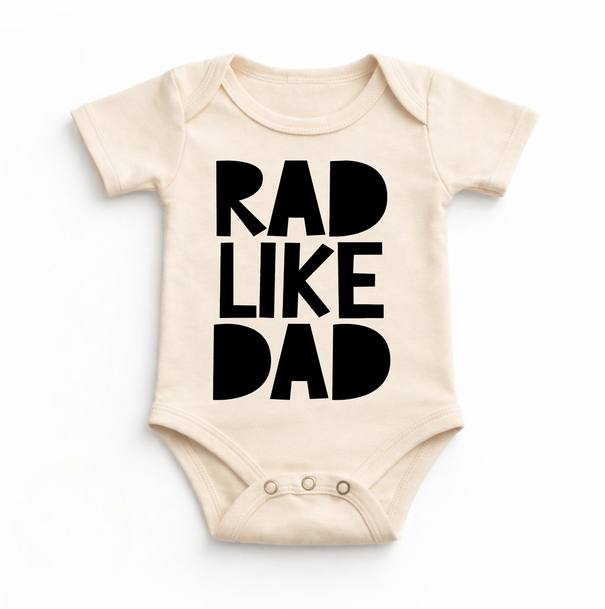 Retro Rad Like Dad Bodysuit design on a natural garment.