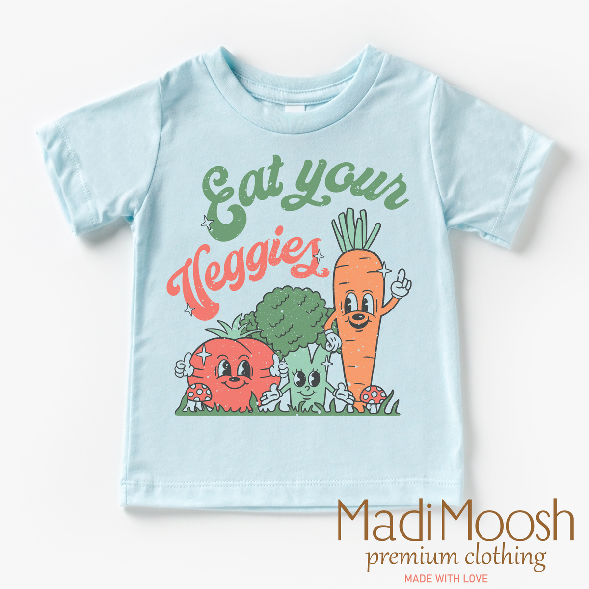 Eat Your Veggies design on a blue garment.