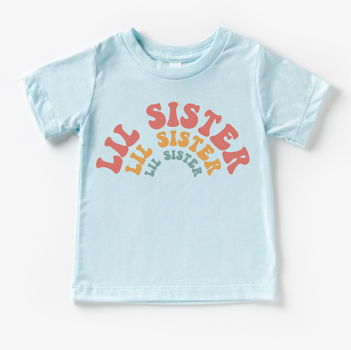 Retro Lil Sis Sister Siblings Family design on a blue garment.