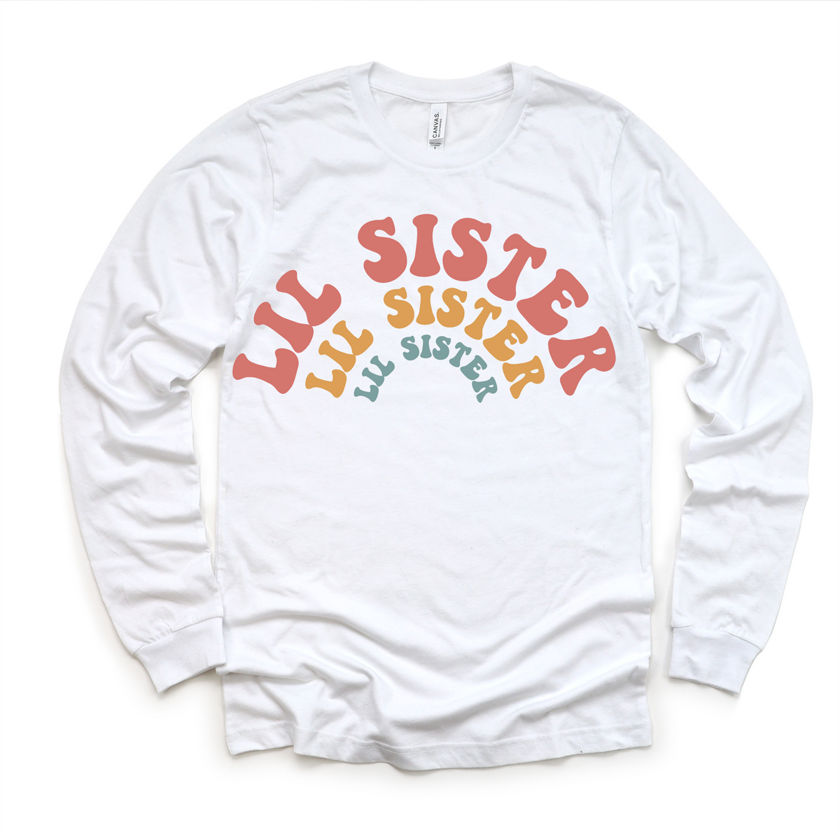 Retro Lil Sis Sister Siblings Family design on a long sleeve shirt.
