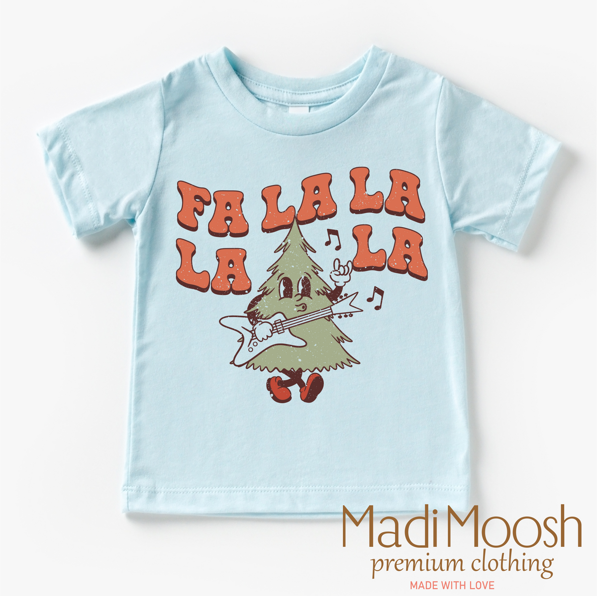 Fa La La La La Christmas design on a blue garment.