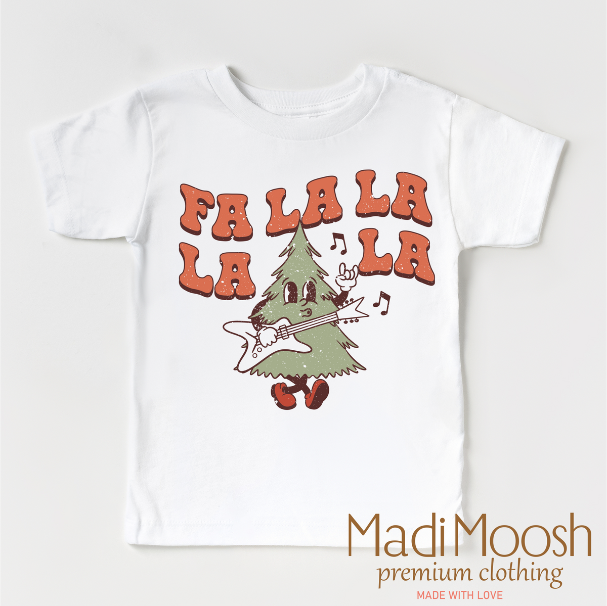 Fa La La La La Christmas design on a white garment.