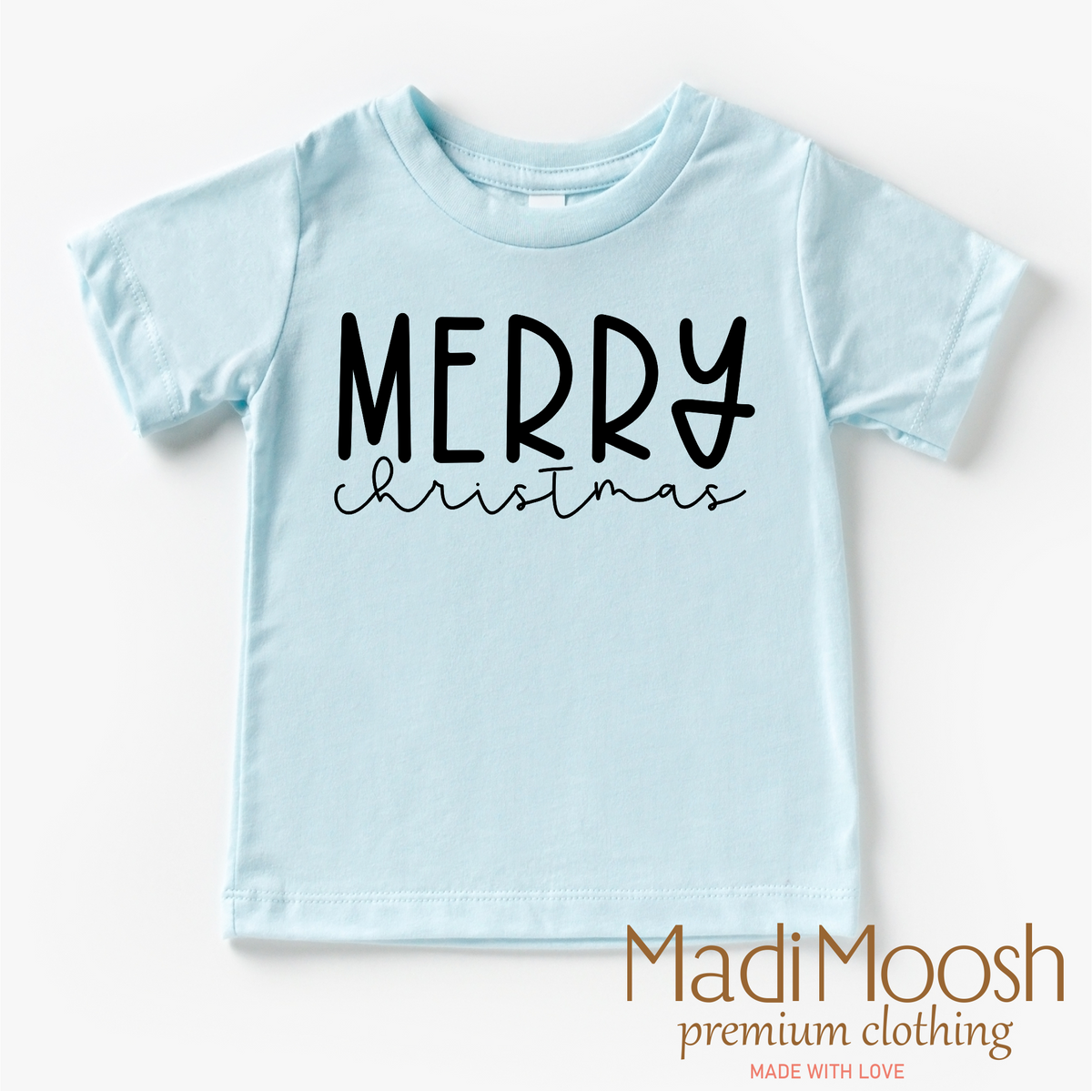 Classic Merry Christmas design on an ice blue garment.