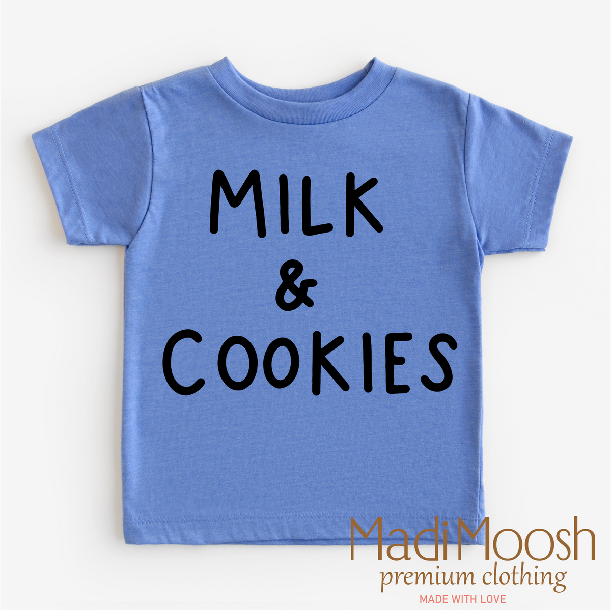 Milk And Cookies Classic Christmas design on a blue garment.