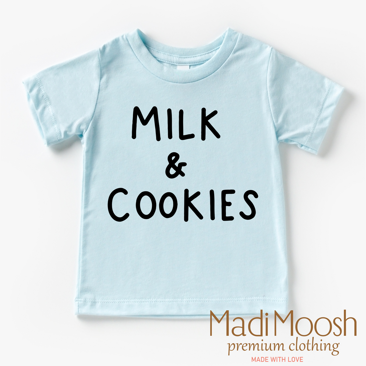 Milk And Cookies Classic Christmas design on an ice blue garment.
