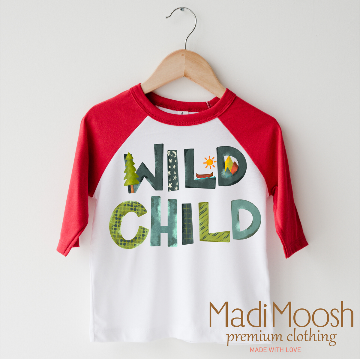 Wild Child Camping design on a red-accented shirt.