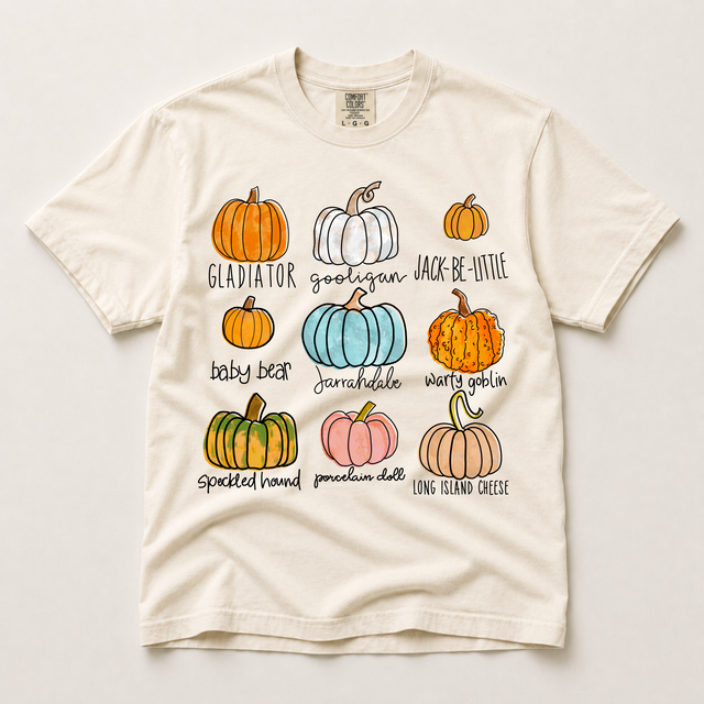 Pumpkin varieties fall graphic shirt in ivory
