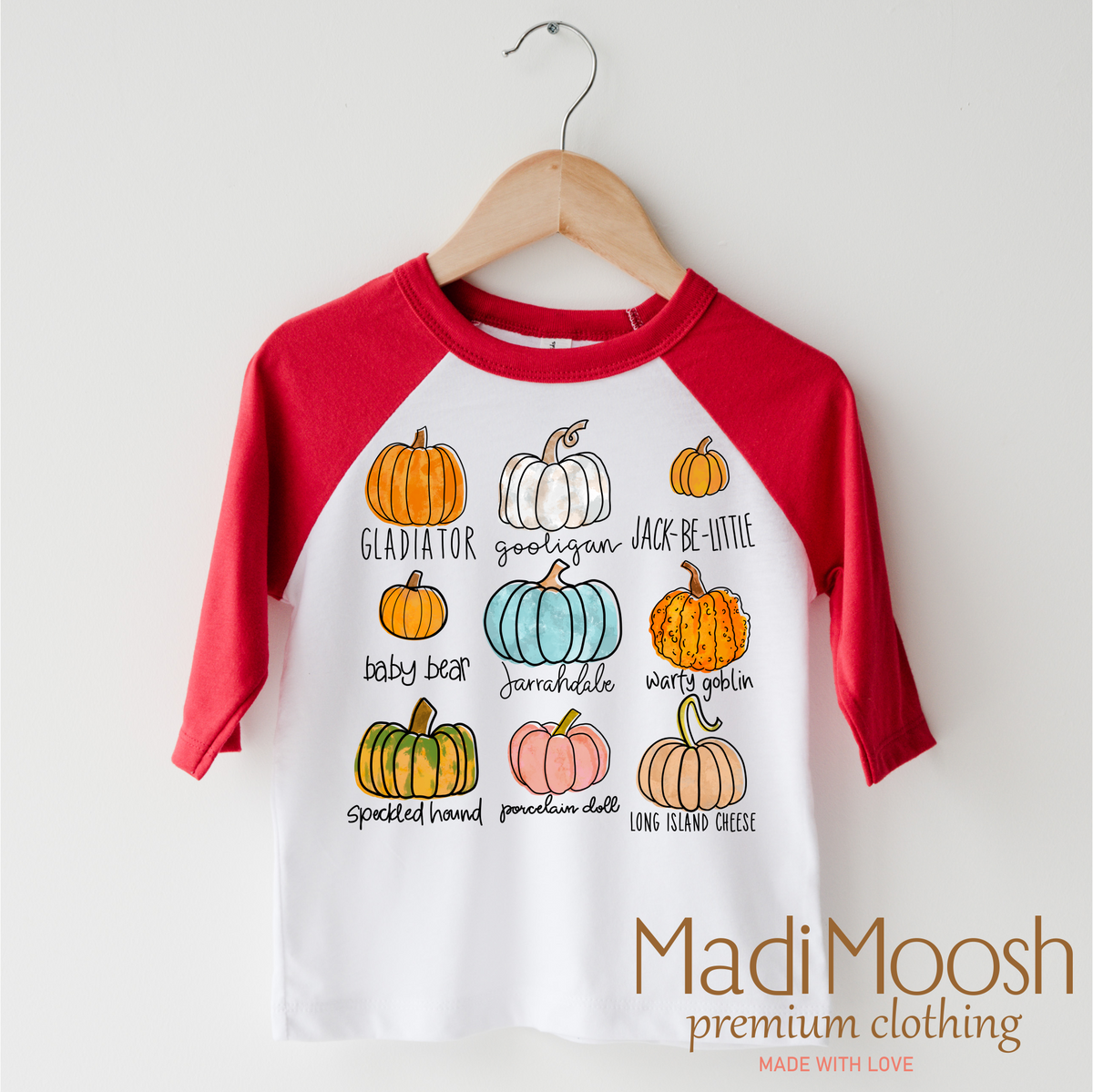 Pumpkin Patch Fall design on a red-accented shirt.