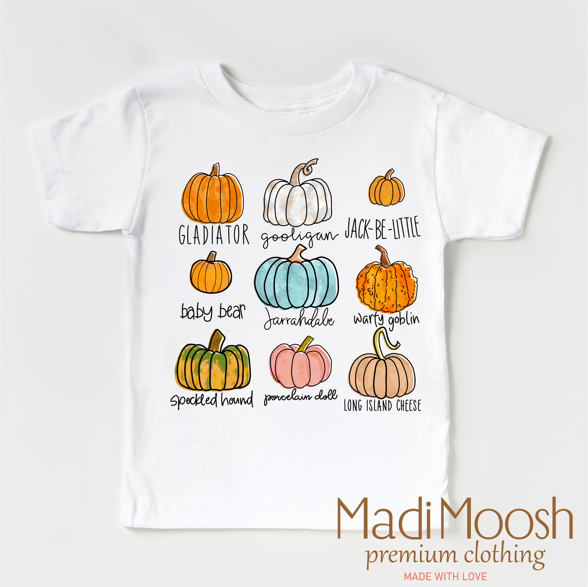 Pumpkin Patch Fall design on a white garment.