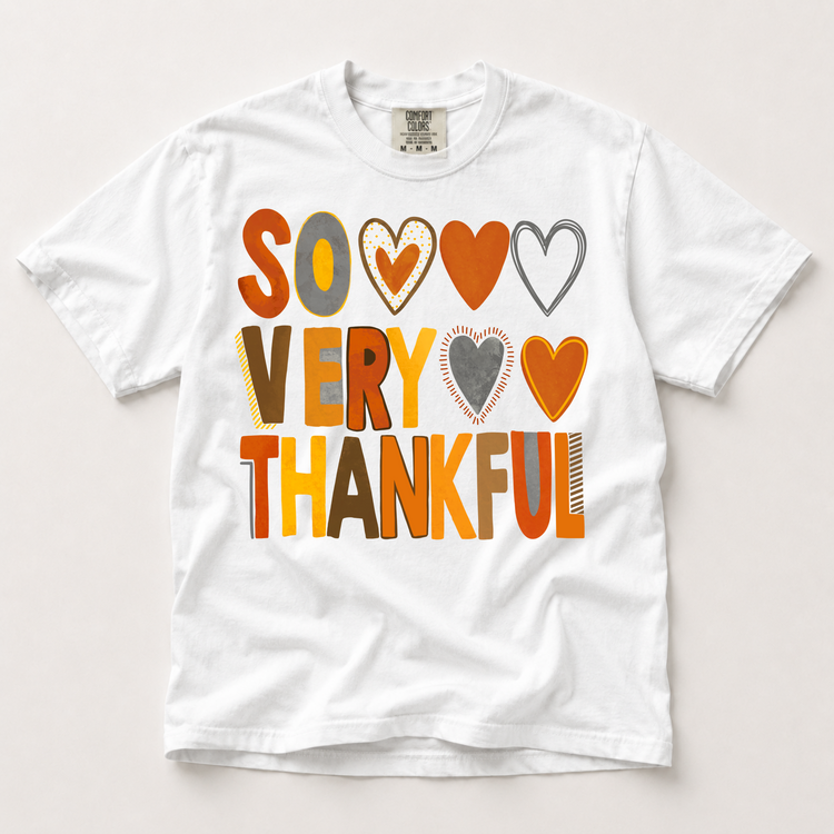 So Very Thankful Graphic T-Shirt, Retro Thanksgiving Hearts Tee