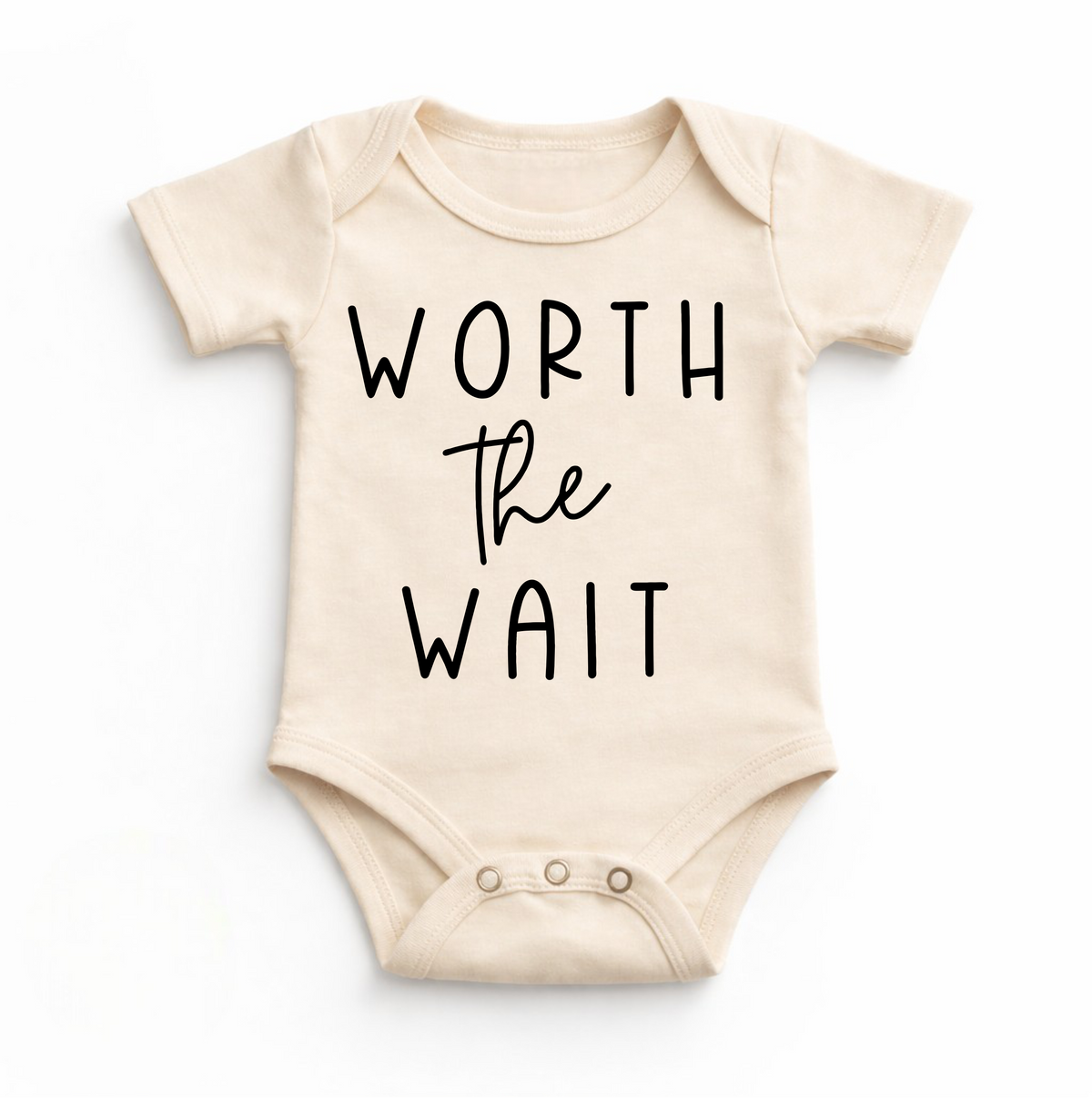 Worth The Wait Bodysuit design on a natural garment.