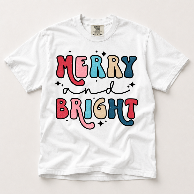 Merry and Bright Graphic T-Shirt, Colorful Retro Christmas Tee