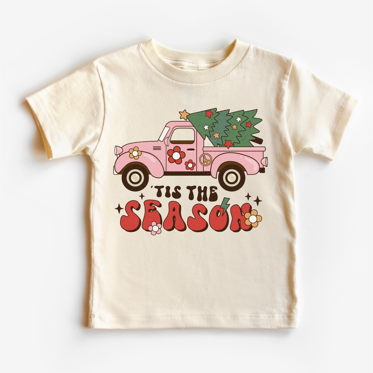 Tis The Season Vintage Pink Truck Christmas design on a natural garment.