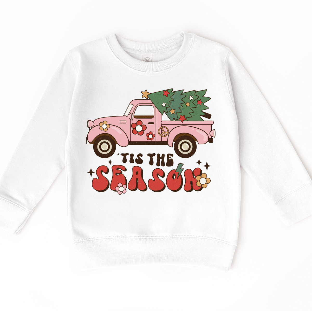 Tis The Season Vintage Pink Truck Christmas design on a white sweatshirt.