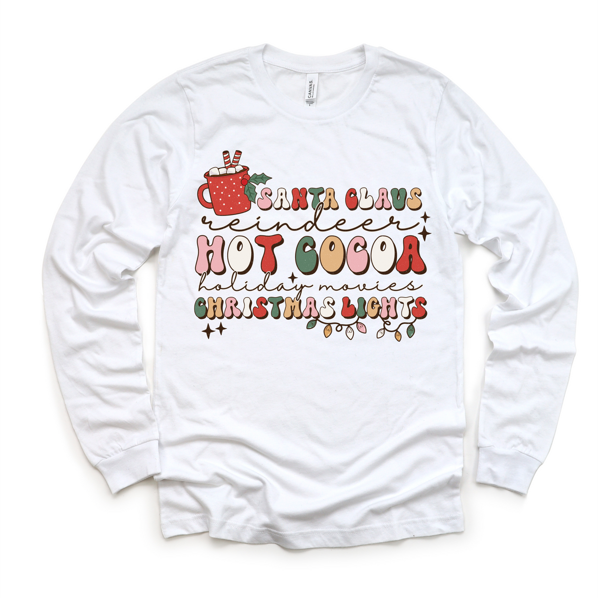 Hot Cocoa Reindeer Christmas design on a long sleeve shirt.